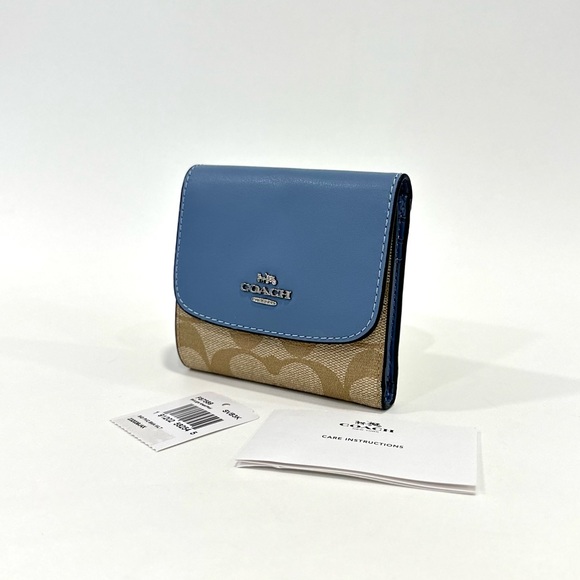 Coach Handbags - COACH Signature Small Trifold Wallet in Light Khaki Pool Blue